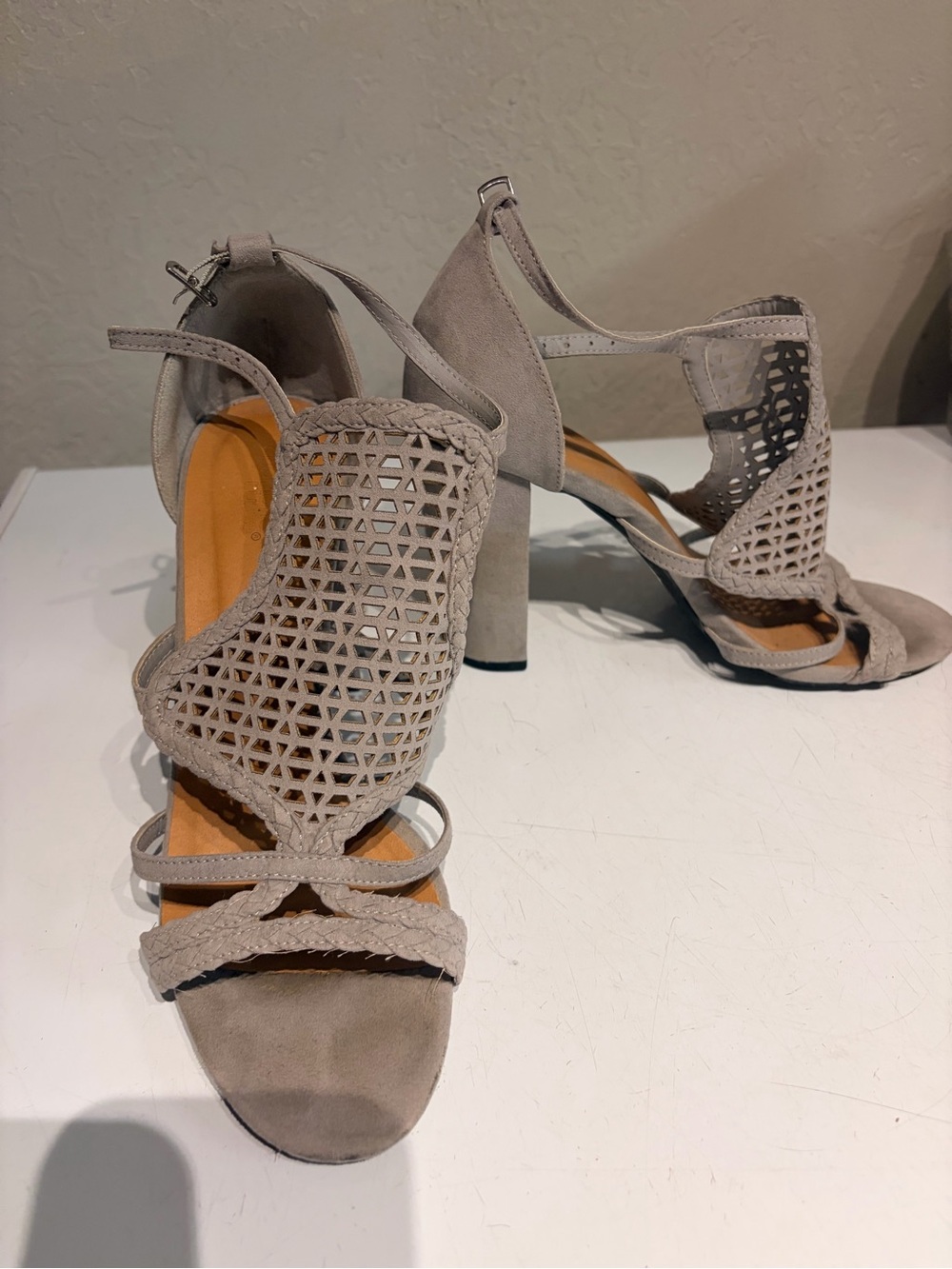 Charlotte Russe Taupe Suede Cutout Braided Block Heel Sandals